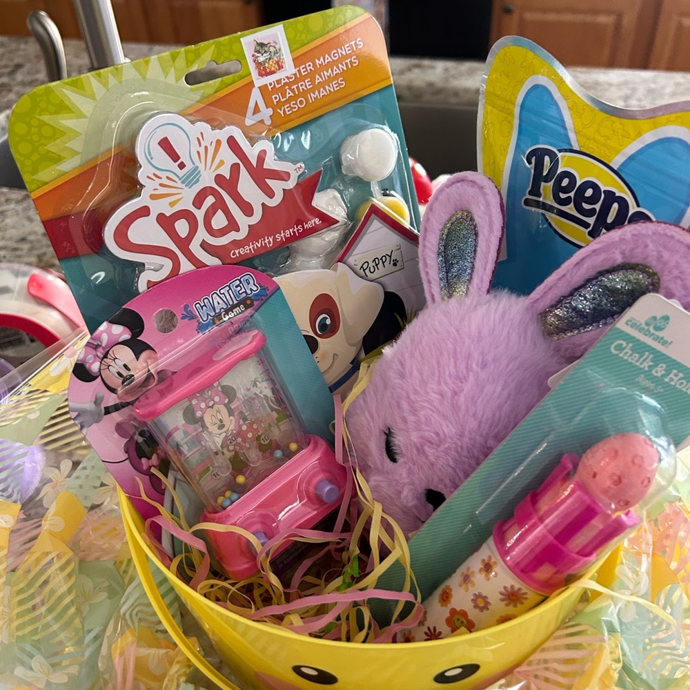 Girls Gift Basket with Purple Plush Bunny & Pink Toys—All Vary